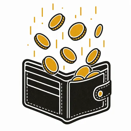 Illustration of an open wallet catching falling gold coins