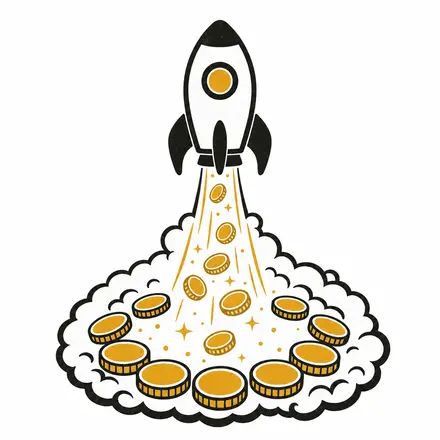 Illustration of a small rocket lifting off through a ring of gold coins