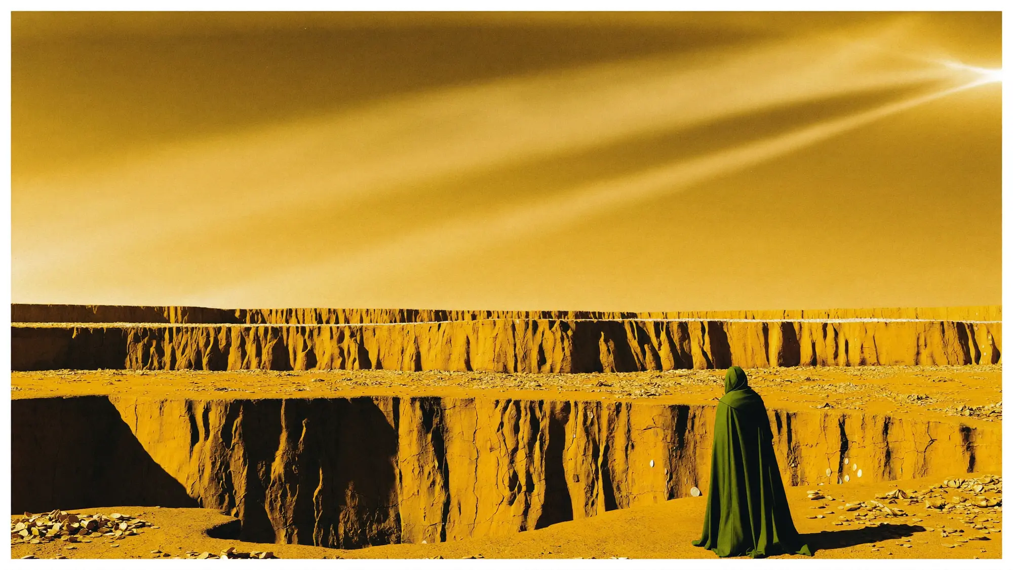 A cloaked figure at the rim of vast gold-mining trenches at golden hour