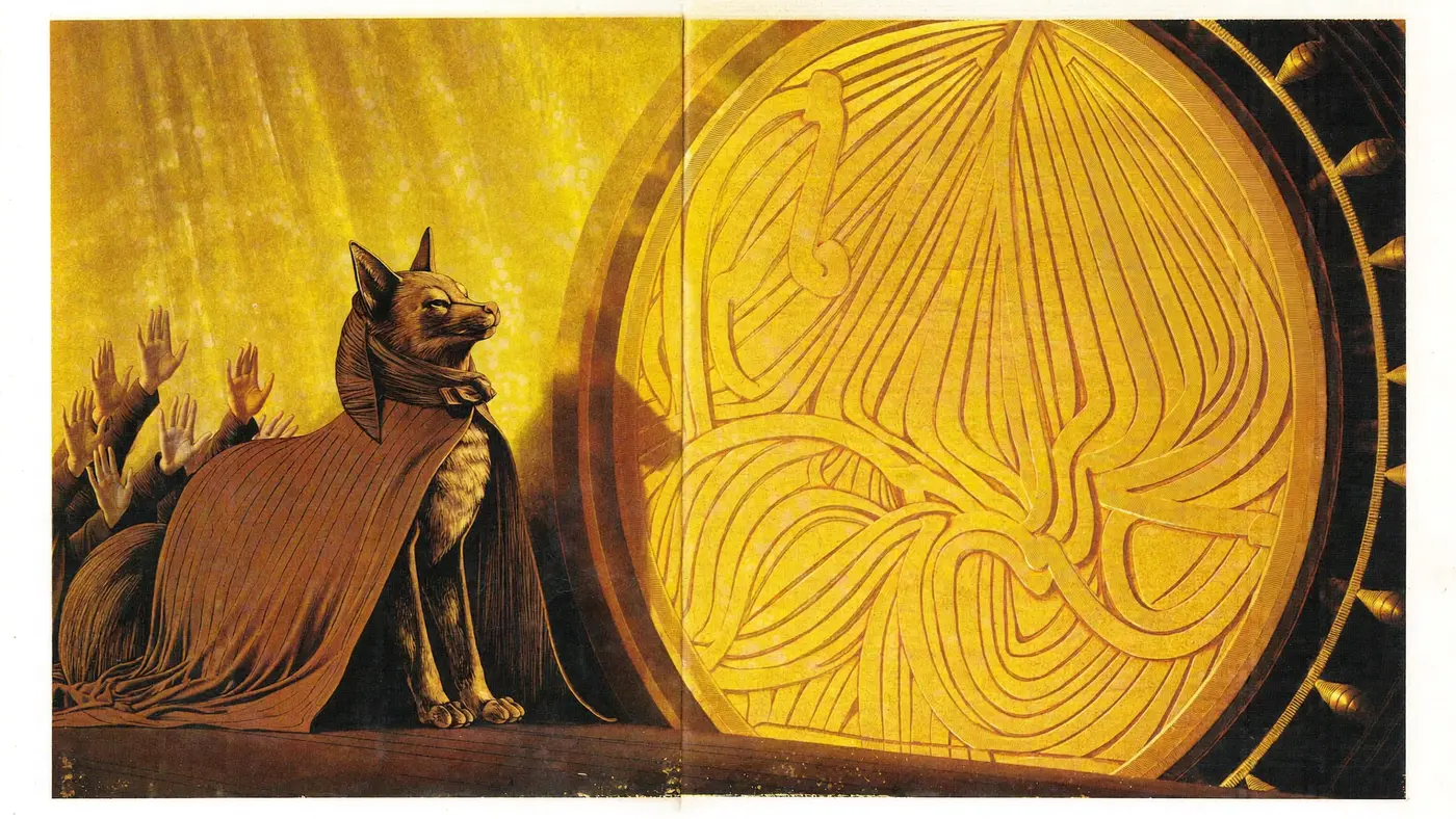 A hooded fox guarding a sealed engraved gold vault, a crowd safe behind