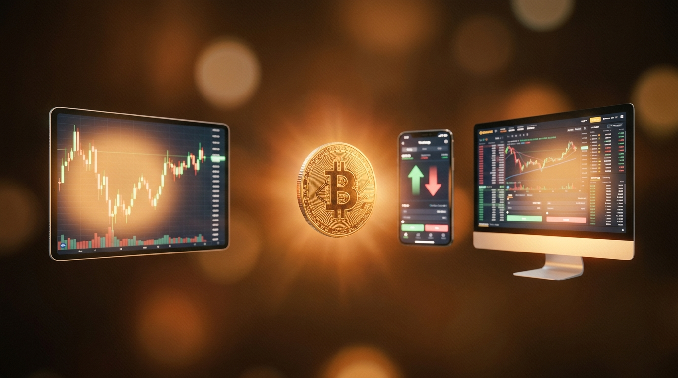 One gold coin radiating chart lines to many trading screens at once
