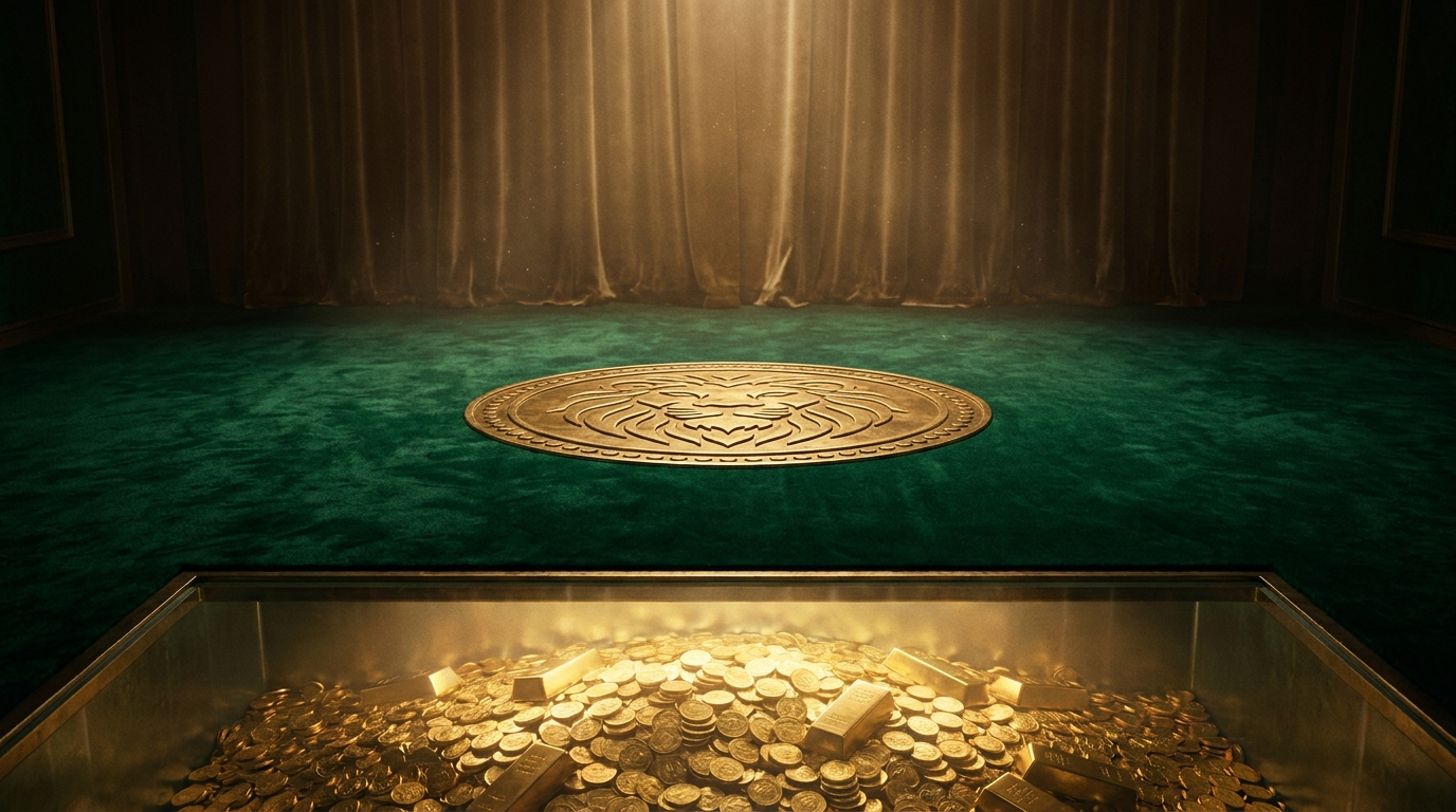 A vault door sealing over a pool of gold beneath a trading floor
